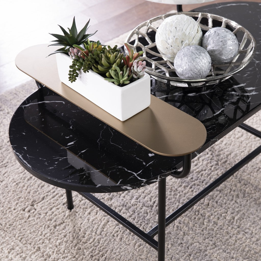 42" Black Faux Marble And Metal With Iron Coffee Table - Loft&Timber