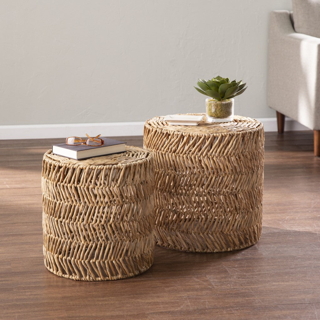 Set Of Two 18" Natural Woven Rattan End Tables - Loft&Timber