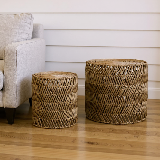 Set Of Two 18" Natural Woven Rattan End Tables - Loft&Timber