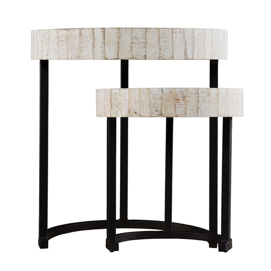 Set Of Two 21" White Solid Wood And Iron Round Nested Tables - Loft&Timber