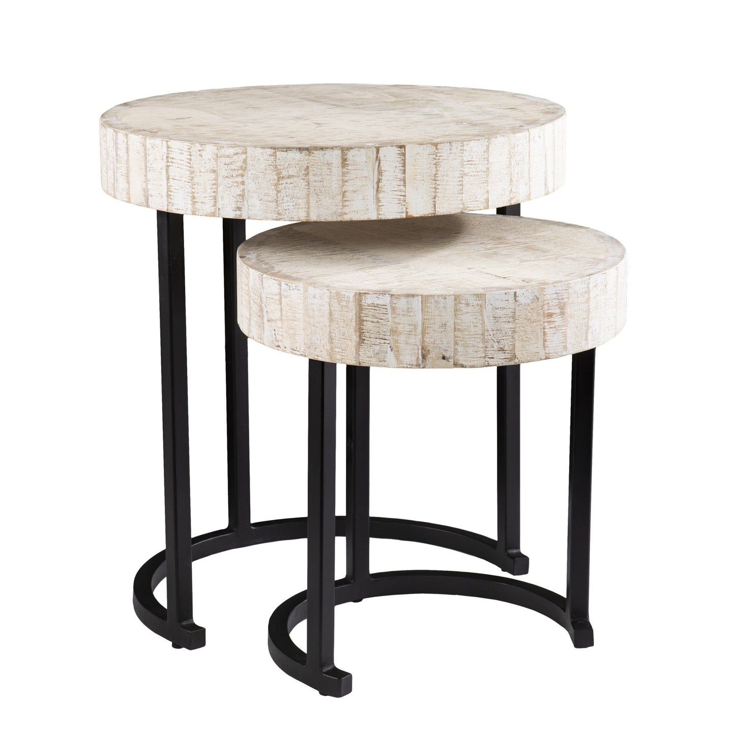 Set Of Two 21" White Solid Wood And Iron Round Nested Tables - Loft&Timber