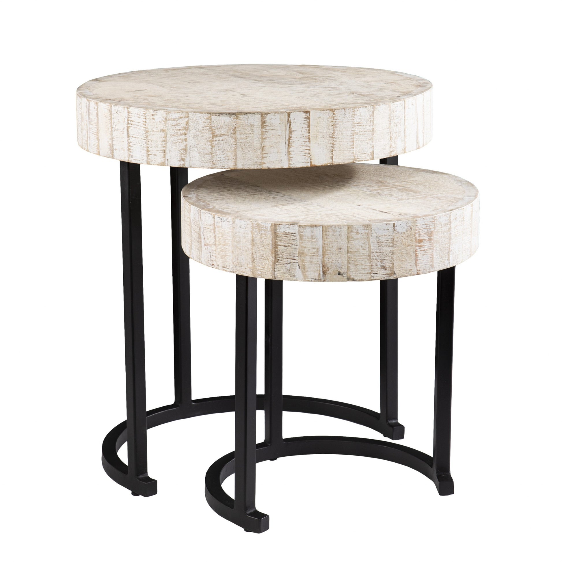 Set Of Two 21" White Solid Wood And Iron Round Nested Tables - Loft&Timber