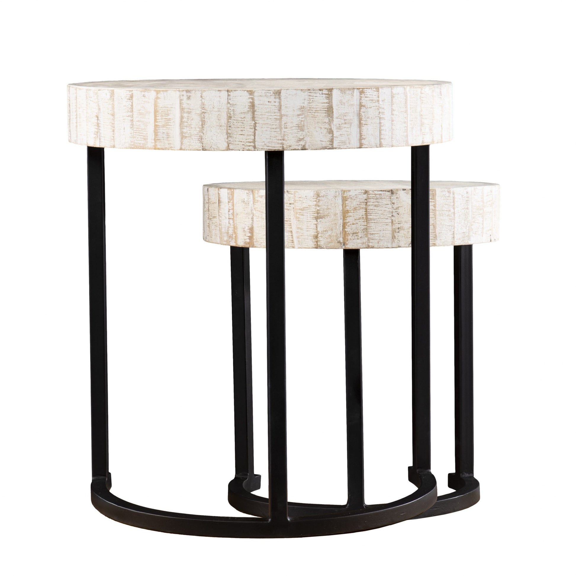 Set Of Two 21" White Solid Wood And Iron Round Nested Tables - Loft&Timber