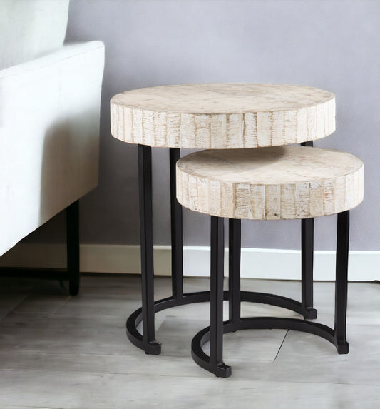 Set Of Two 21" White Solid Wood And Iron Round Nested Tables - Loft&Timber
