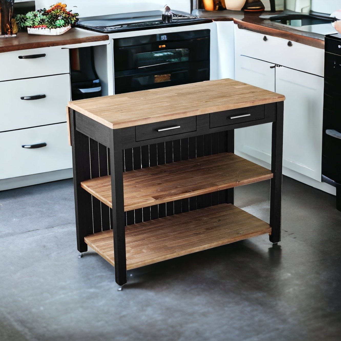 Black and Natural 44" Kitchen Island With Storage - Loft&Timber