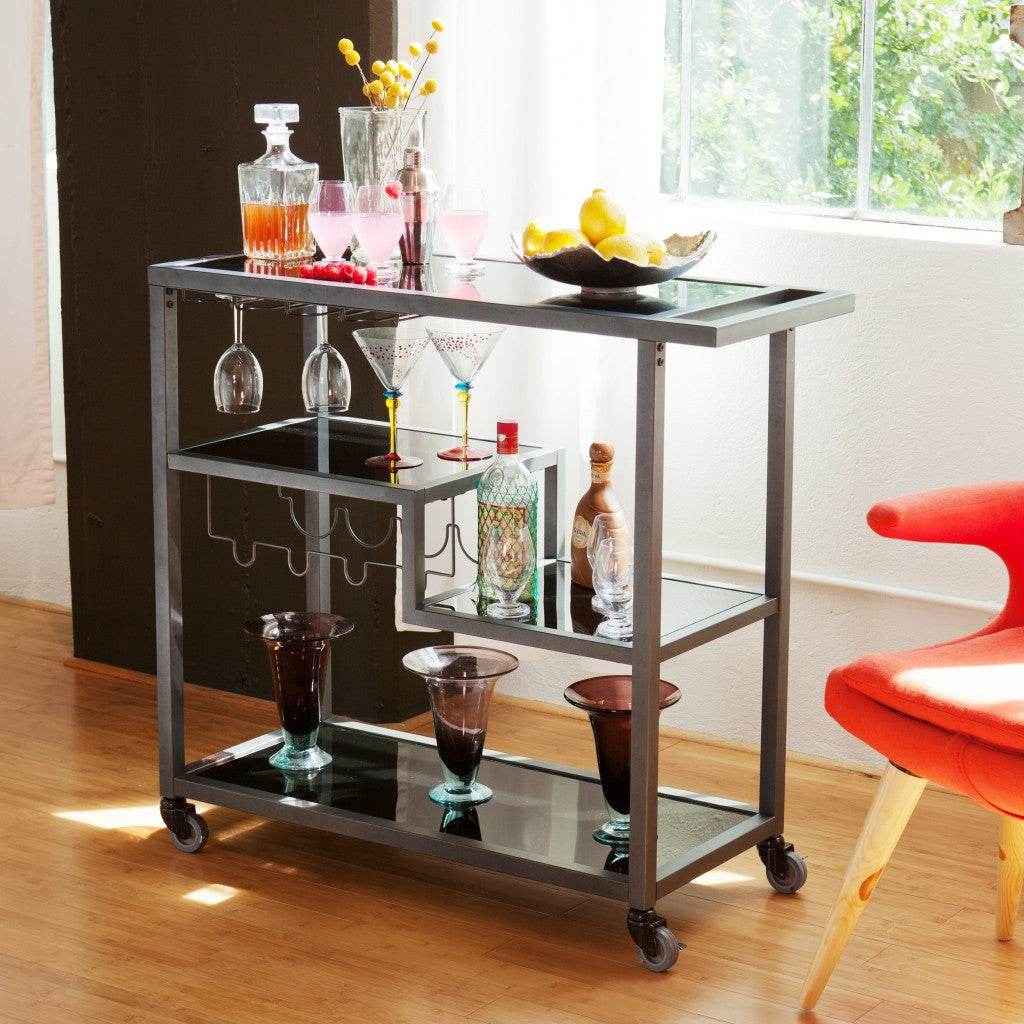 Black and Gray Glass Rolling Bar Cart With Wine Storage - Loft&Timber