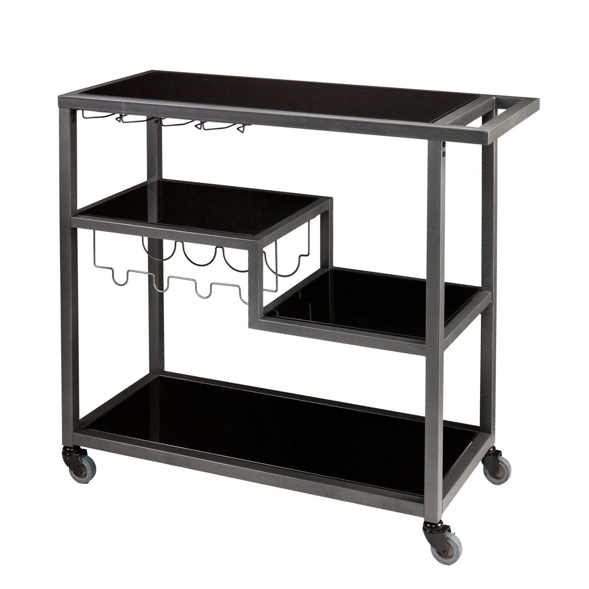 Black and Gray Glass Rolling Bar Cart With Wine Storage - Loft&Timber