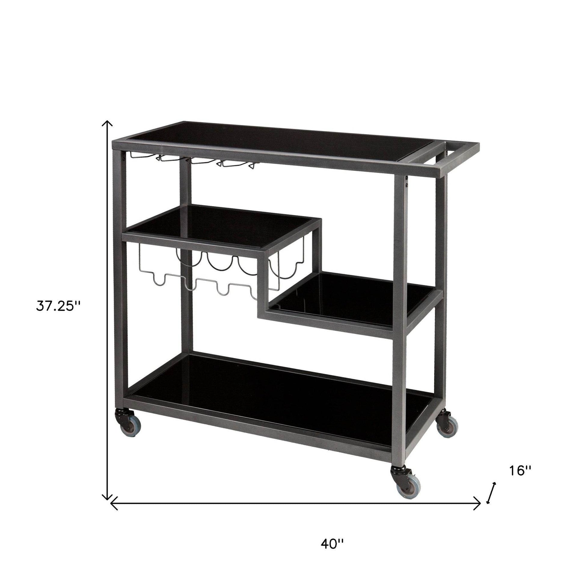 Black and Gray Glass Rolling Bar Cart With Wine Storage - Loft&Timber