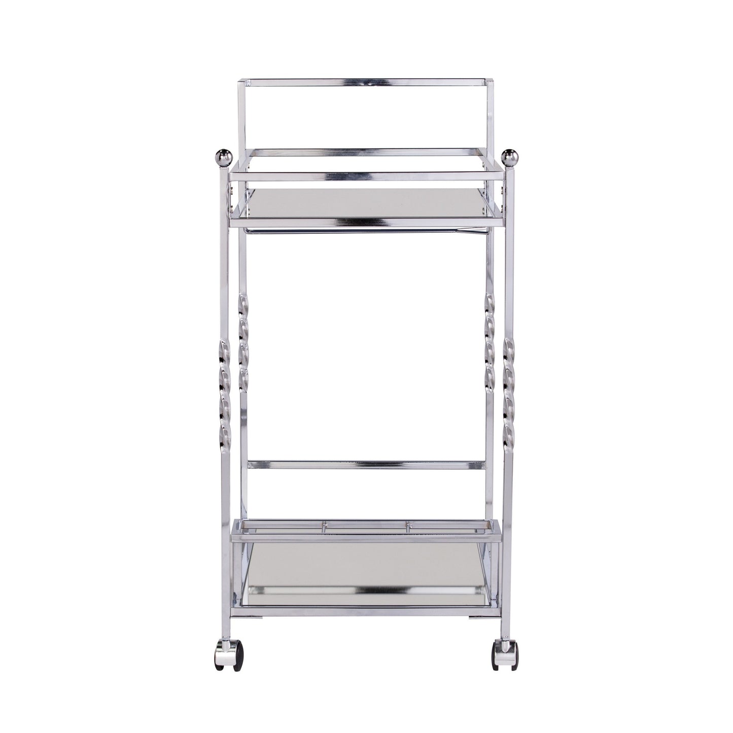 29" Silver Metal and Mirrored Glass Rolling Bar Cart With Wine Storage - Loft&Timber