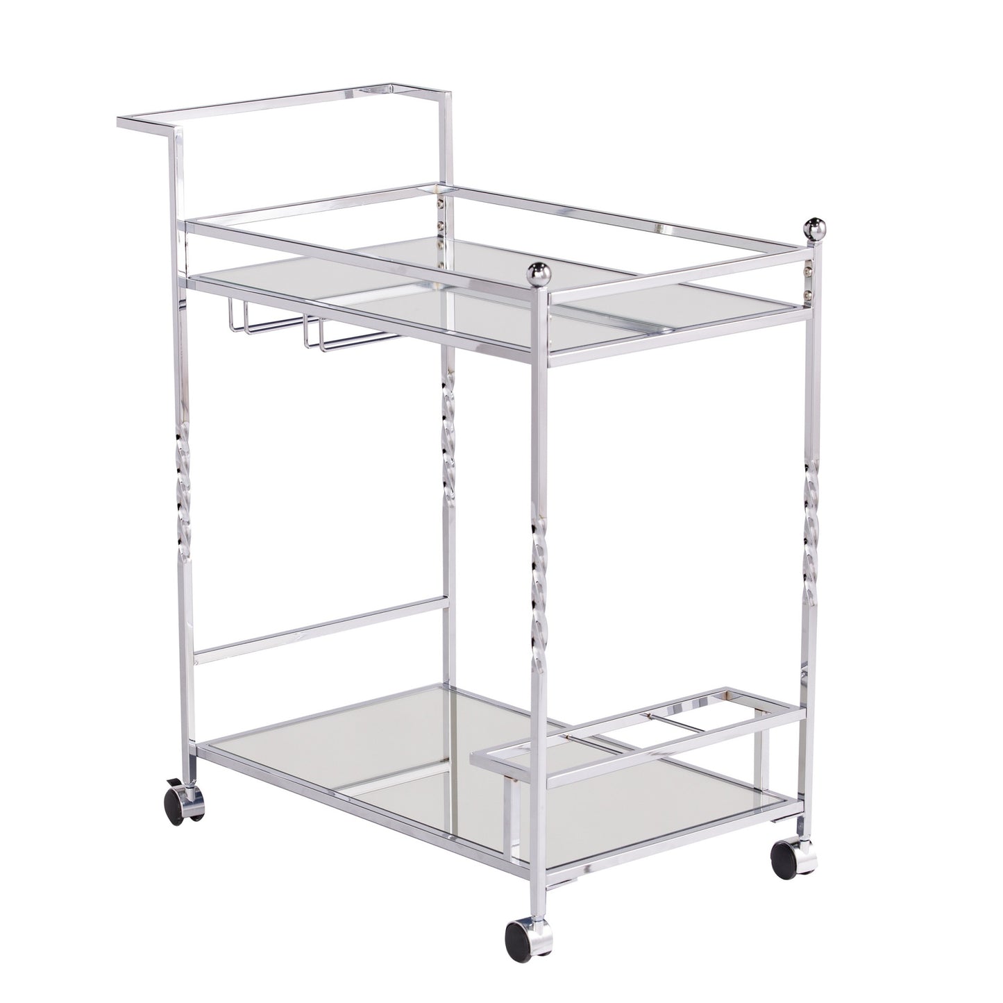 29" Silver Metal and Mirrored Glass Rolling Bar Cart With Wine Storage - Loft&Timber