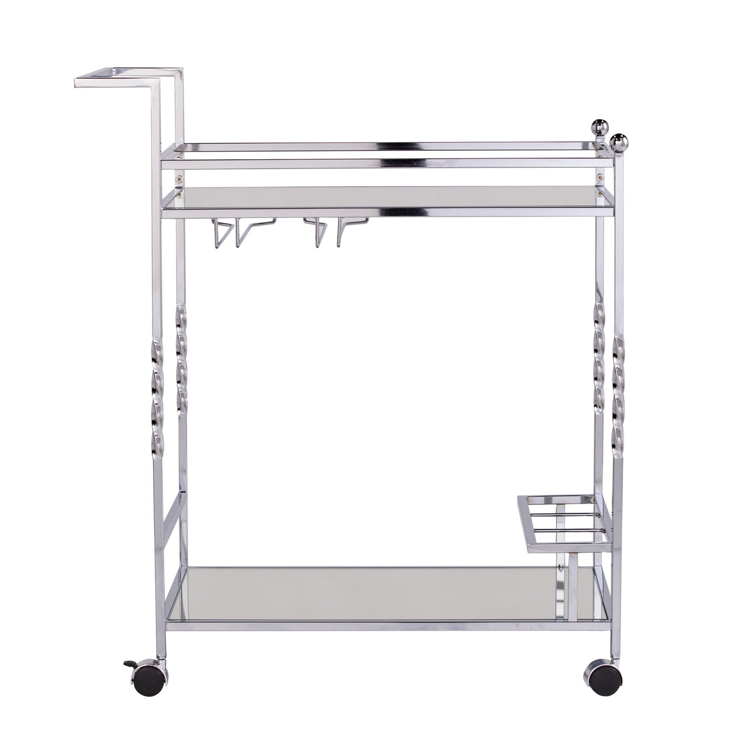 29" Silver Metal and Mirrored Glass Rolling Bar Cart With Wine Storage - Loft&Timber