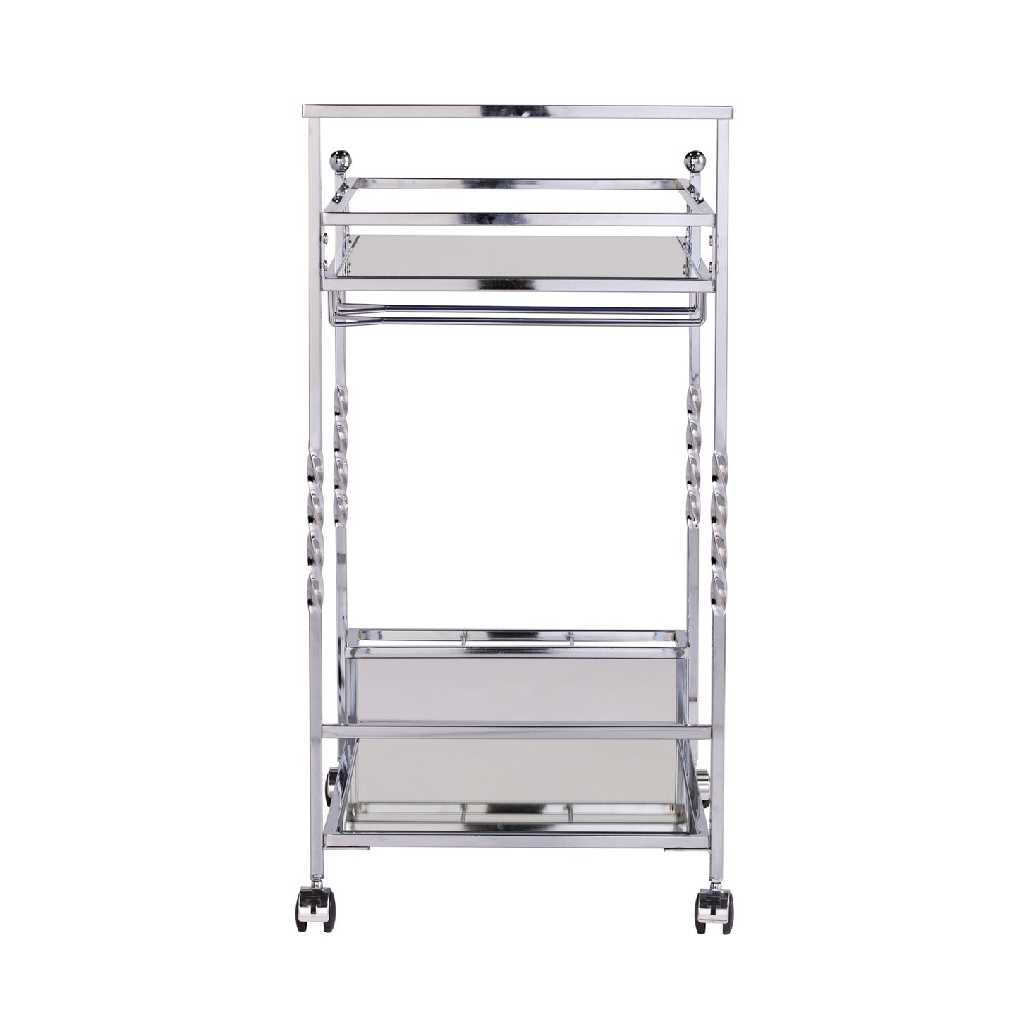 29" Silver Metal and Mirrored Glass Rolling Bar Cart With Wine Storage - Loft&Timber