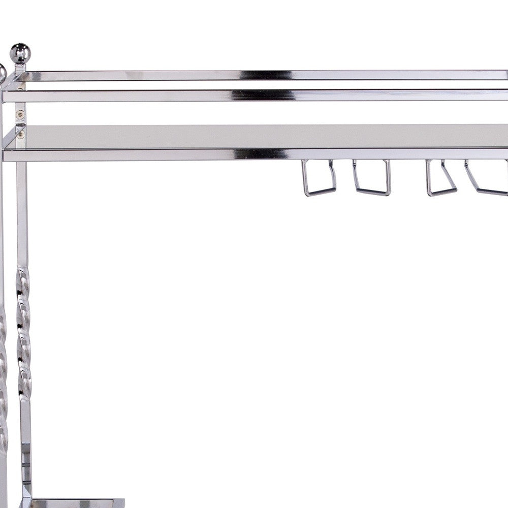 29" Silver Metal and Mirrored Glass Rolling Bar Cart With Wine Storage - Loft&Timber