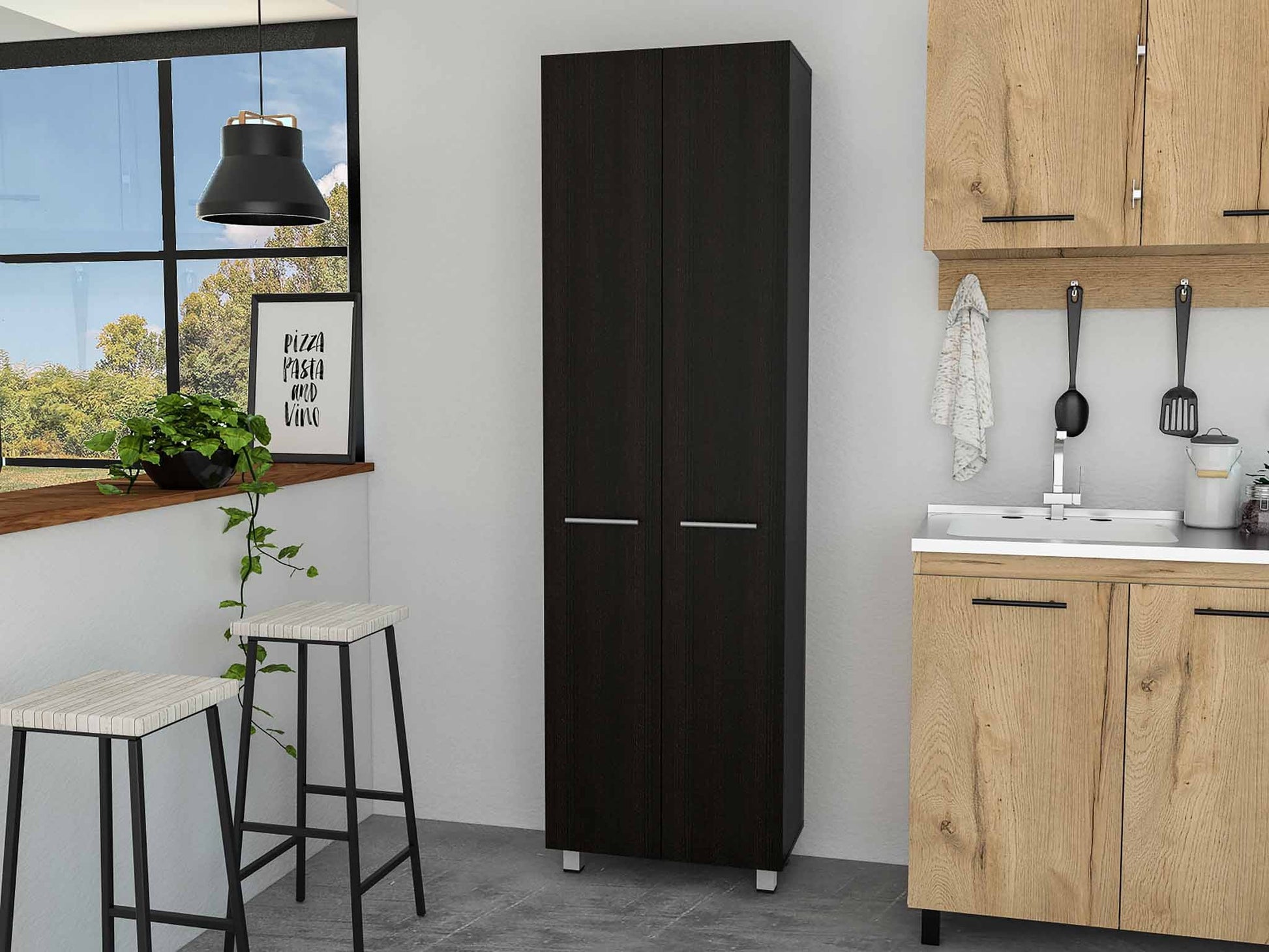 79" Modern Black Pantry Cabinet with Two Doors and Five Shelves - Loft&Timber