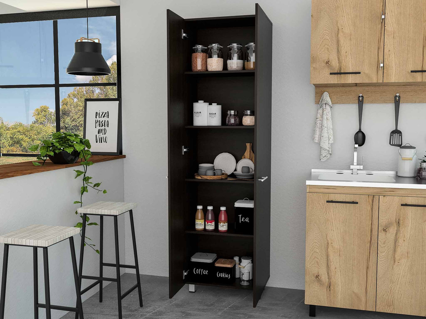 79" Modern Black Pantry Cabinet with Two Doors and Five Shelves - Loft&Timber