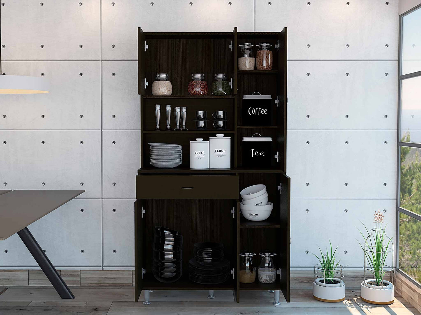 67" Modern Black Pantry Cabinet with Five Shelves - Loft&Timber
