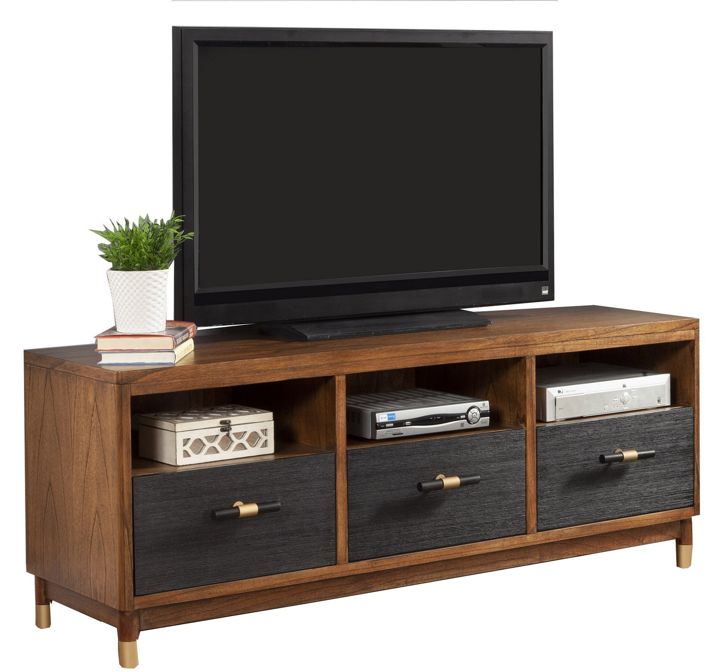 61" Brown and Black Solid Wood Open Shelving TV Stand-3