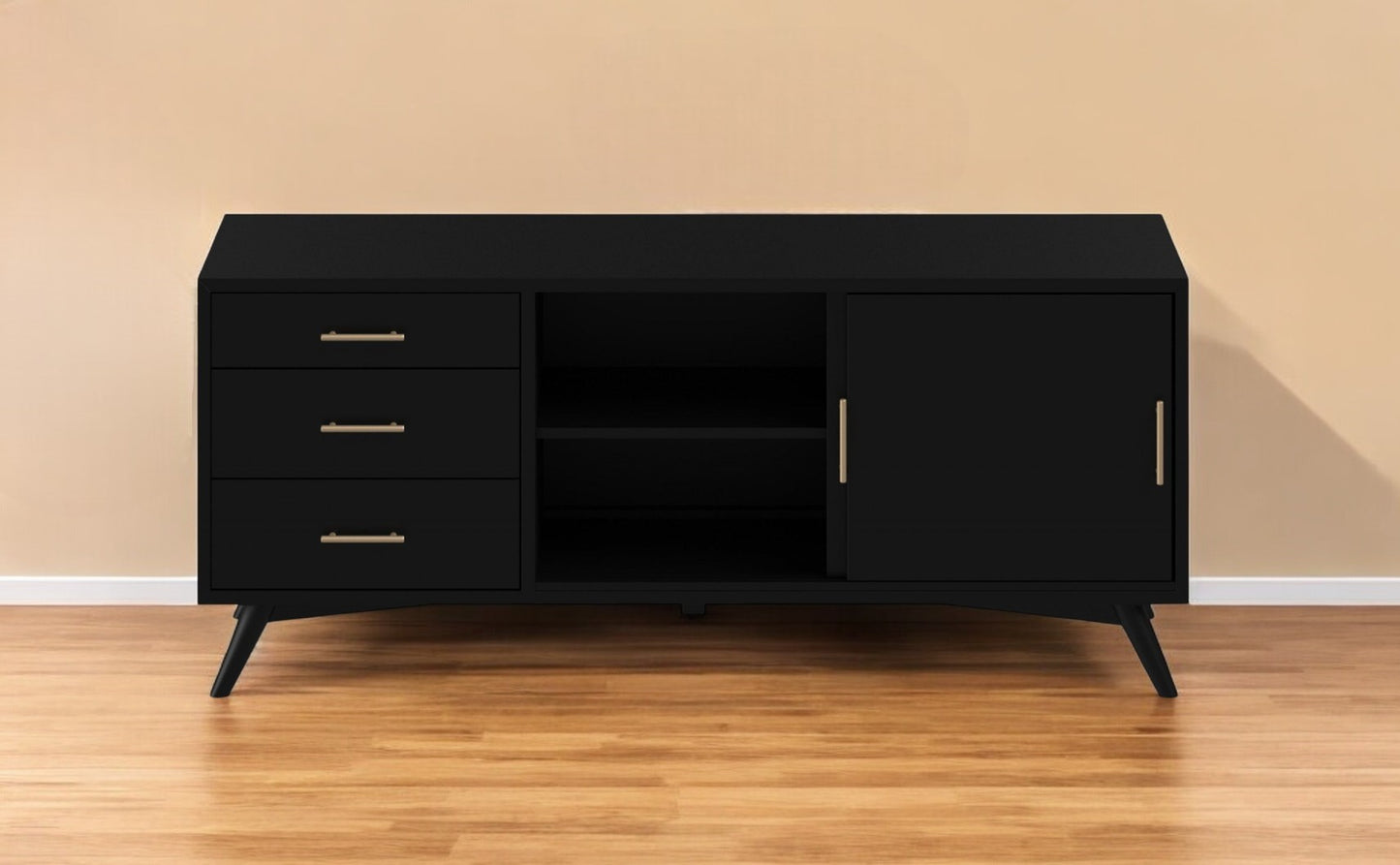 64" Black Mahogany Solid Wood Enclosed and Open Storage TV Stand-0