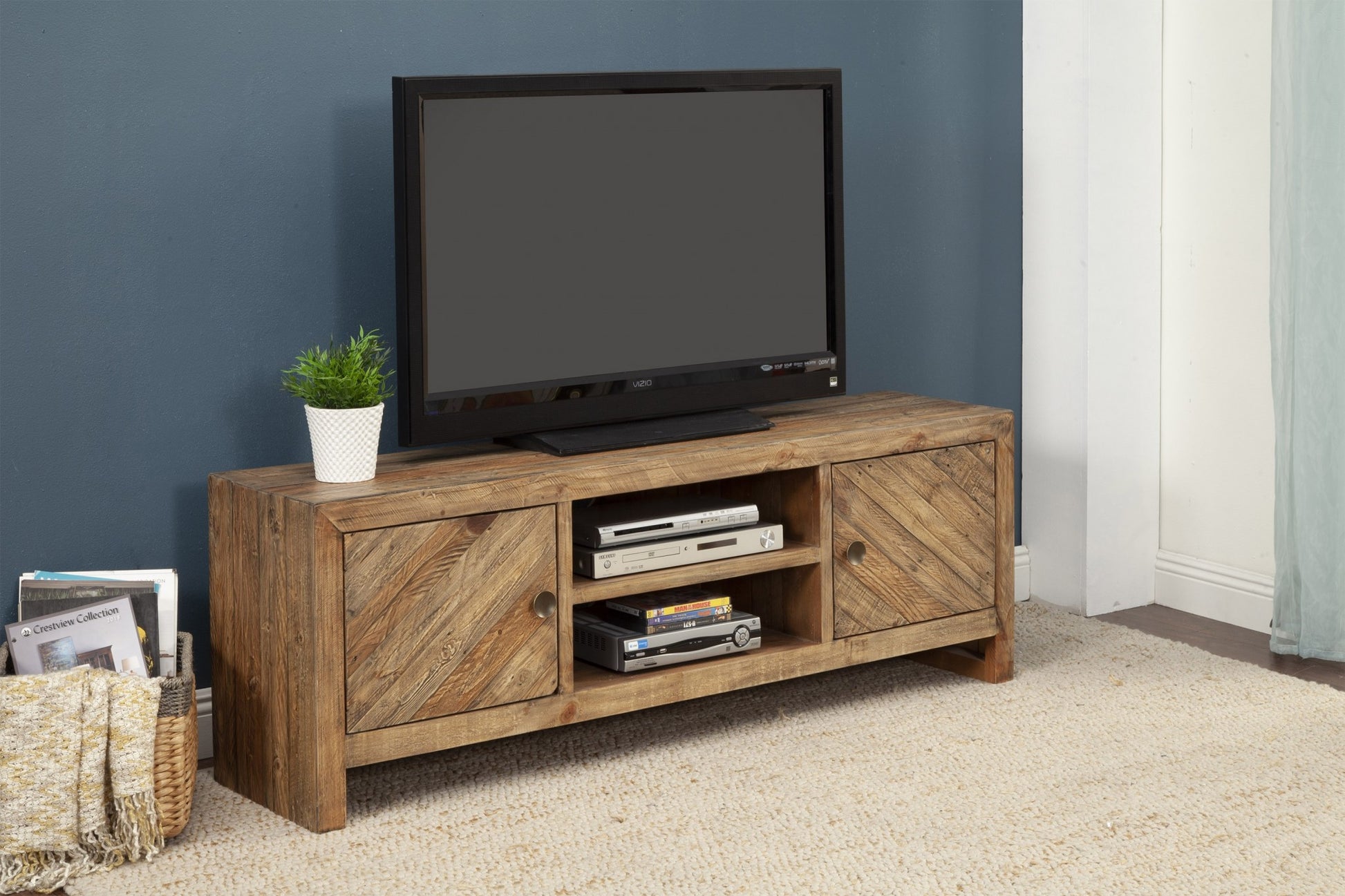 63" Wood Brown Reclaimed Pine And Plywood Open Shelving TV Stand-5