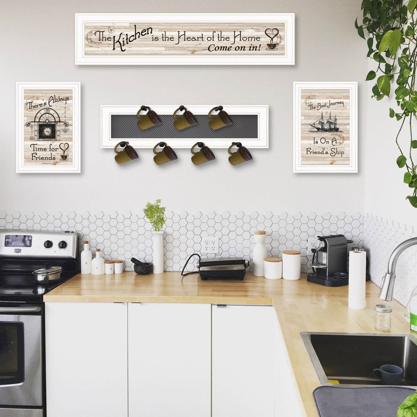 Set Of Four Kitchen Print 33x8 and Mug RackHorizonal 27x8x3 White Frame White Framed Print Kitchen Wall Art - Loft&Timber