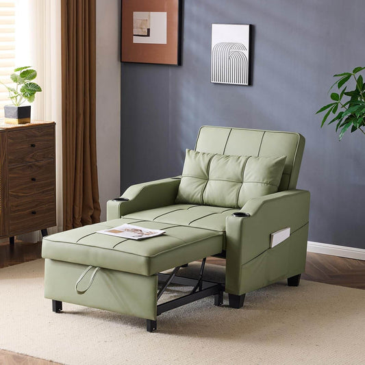 Sofa Bed Chair Recliner, 3-In-1 Convertible Sleeper Sofa Chair Bed Green Daybed Pull Out Couch Bed with Adjustable Backrest, USB Ports, Cup Holders for Small Spaces Living Room - Loft&Timber
