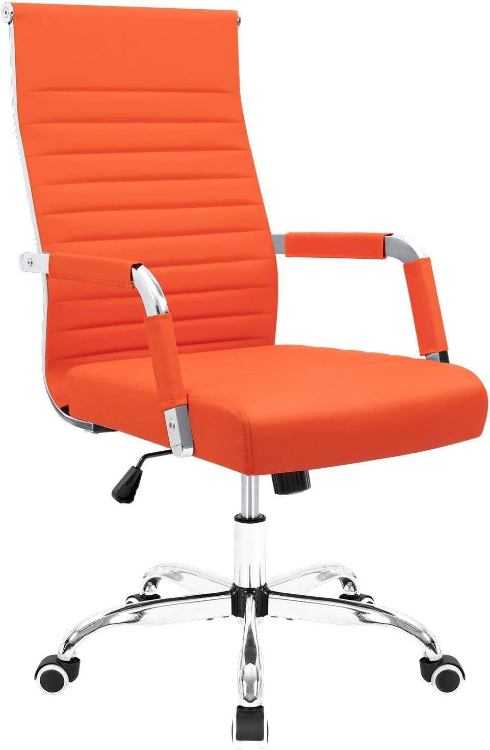Ribbed Office Desk Chair Mid-Back Leather with Swivel and Arms (Orange) - Loft&Timber