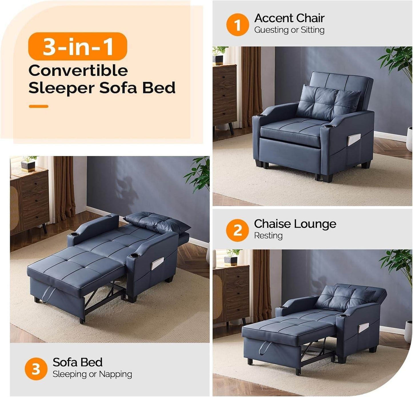 Sofa Bed Chair Recliner, 3-In-1 Convertible Sleeper Sofa Chair Bed Blue Daybed Pull Out Couch Bed with Adjustable Backrest, USB Ports, Cup Holders for Small Spaces Living Room - Loft&Timber