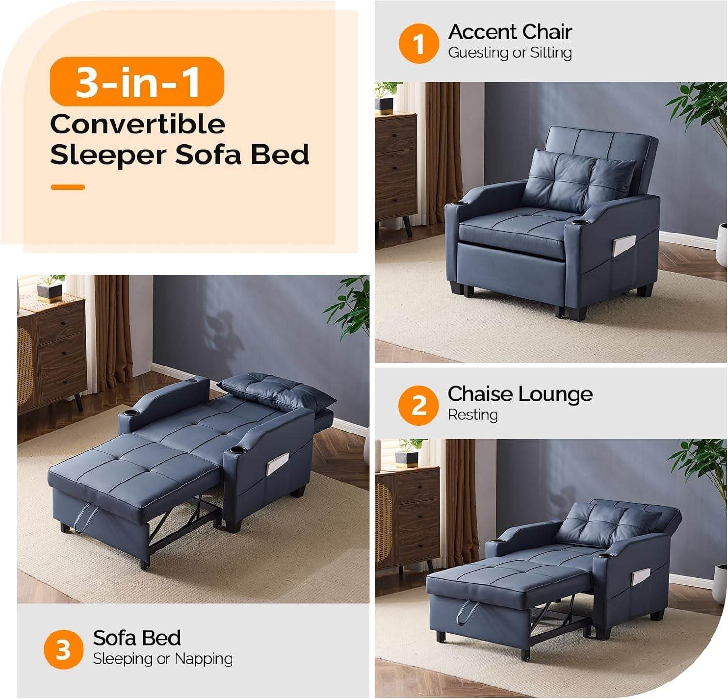 Sofa Bed Chair Recliner, 3-In-1 Convertible Sleeper Sofa Chair Bed Blue Daybed Pull Out Couch Bed with Adjustable Backrest, USB Ports, Cup Holders for Small Spaces Living Room - Loft&Timber