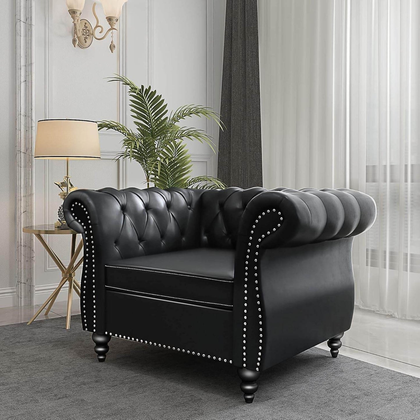 3-Piece Living Room Sectional Sofa Set, Upholstered Sofa Modern Sofa Couches Set Style Button Tufted, PU Chesterfield Sofa for Living Room Apartment, 1+2+3 Seat PU Black - Loft&Timber