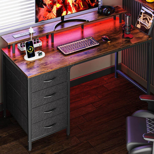 47 Inch Computer Desk with Power Outlets and LED Lights in Rustic Brown - Loft&Timber
