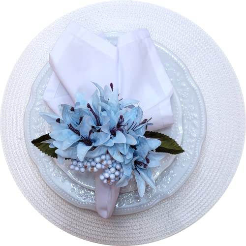 Maison Charlo Set of 4 Ice Blue Lilies Flower Celebration Napkin Rings - Loft&Timber