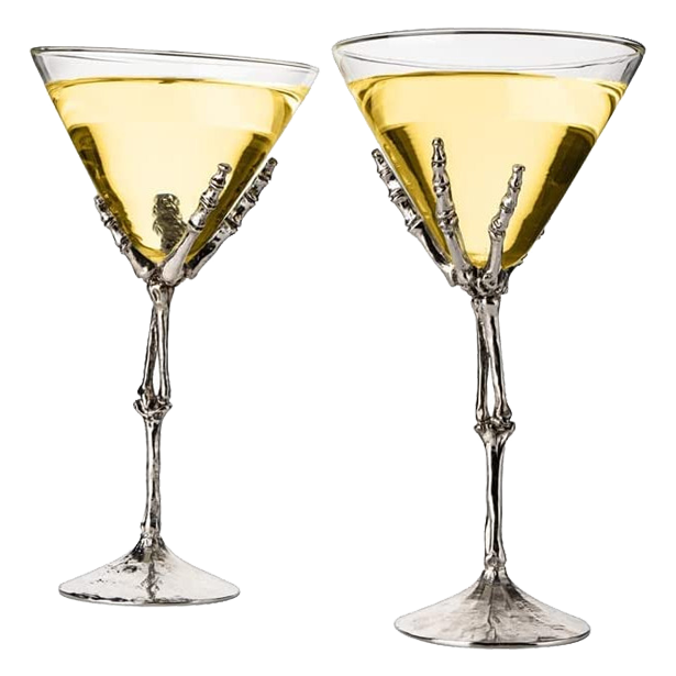 The Wine Savant Stemmed Skeleton Martini Glasses Set of 2 Skeleton Hand Glasses 9" H, Goth Gifts, Skeleton Gifts Decor, Spooky Cocktails, Water or Martini Gift Set, Wine Skeletons Glasses - Loft&Timber