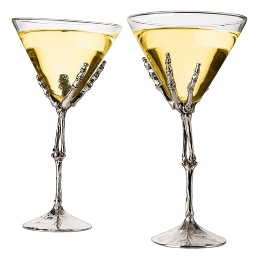 The Wine Savant Stemmed Skeleton Martini Glasses Set of 2 Skeleton Hand Glasses 9" H, Goth Gifts, Skeleton Gifts Decor, Spooky Cocktails, Water or Martini Gift Set, Wine Skeletons Glasses - Loft&Timber