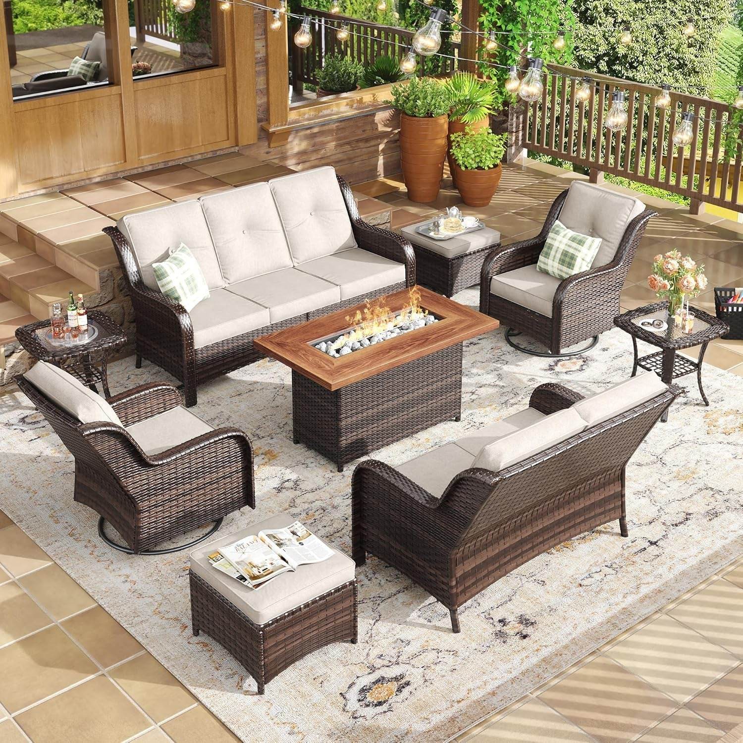 Nine Piece Outdoor Patio Wicker Furniture Set with Fire Table - Loft&Timber