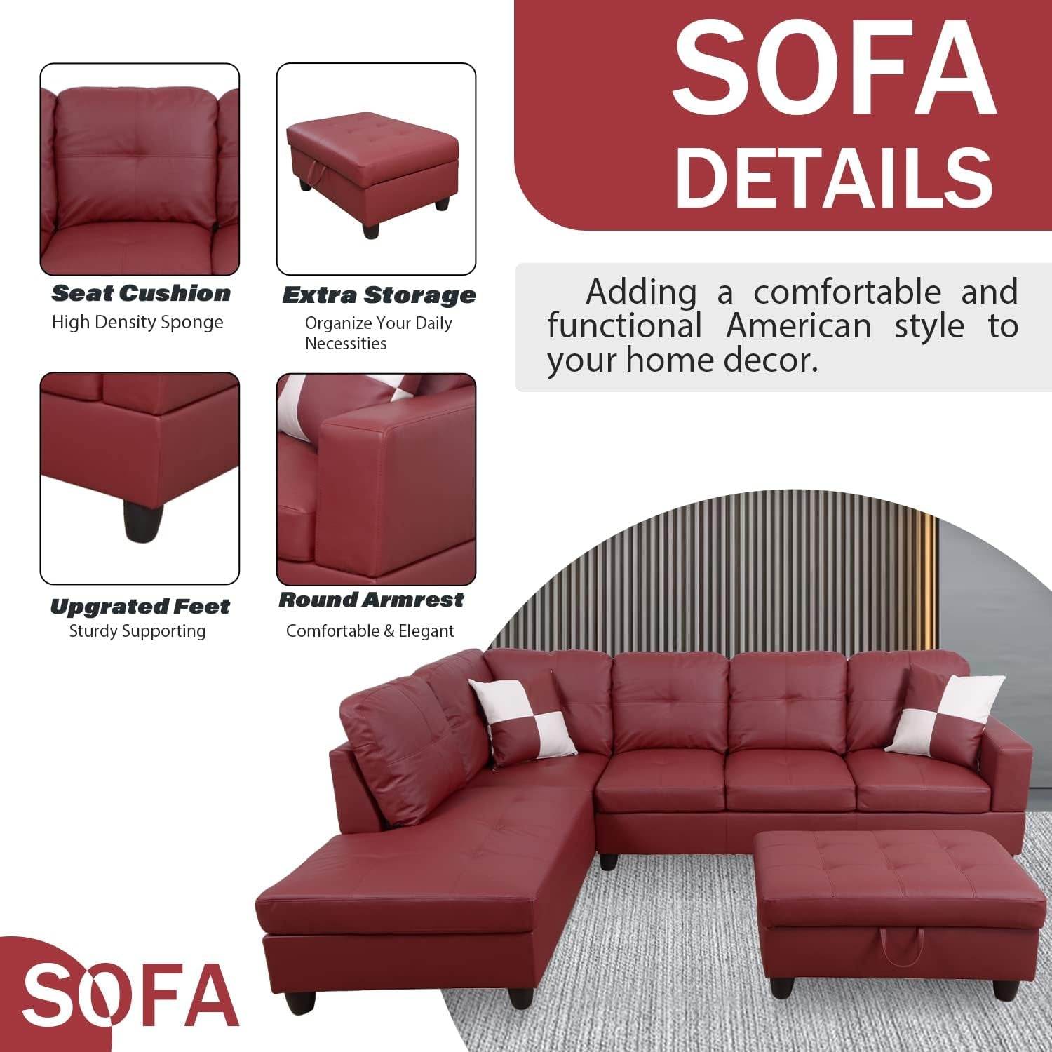 Ponliving Furniture Modern L-Shaped Leather Sectional Sofa Left Hand Facing Red - Loft&Timber