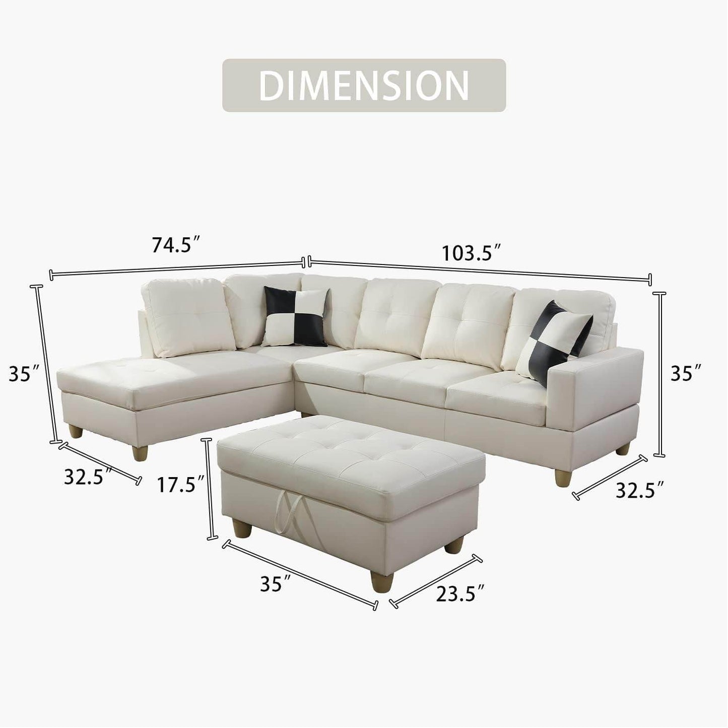Ponliving Furniture Modern L-Shaped Leather Sectional Sofa Left Hand Facing (White) - Loft&Timber