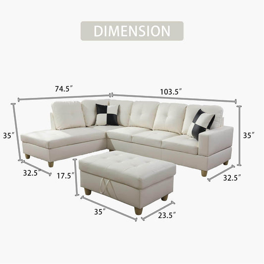 Ponliving Furniture Modern L-Shaped Leather Sectional Sofa Left Hand Facing (White) - Loft&Timber