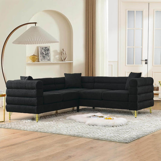 Black Oversized Corner Sofa 5 Seater, Teddy Fabric - Loft&Timber