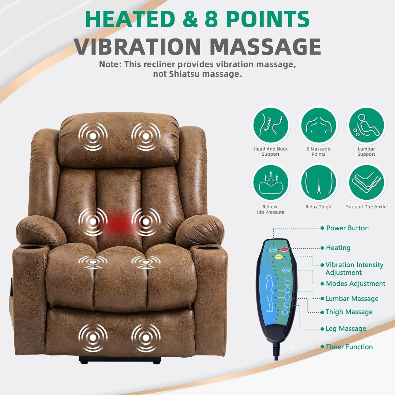 Tall Man Power Lift Recliner Massage, Heat, Extended Footrest - Loft&Timber