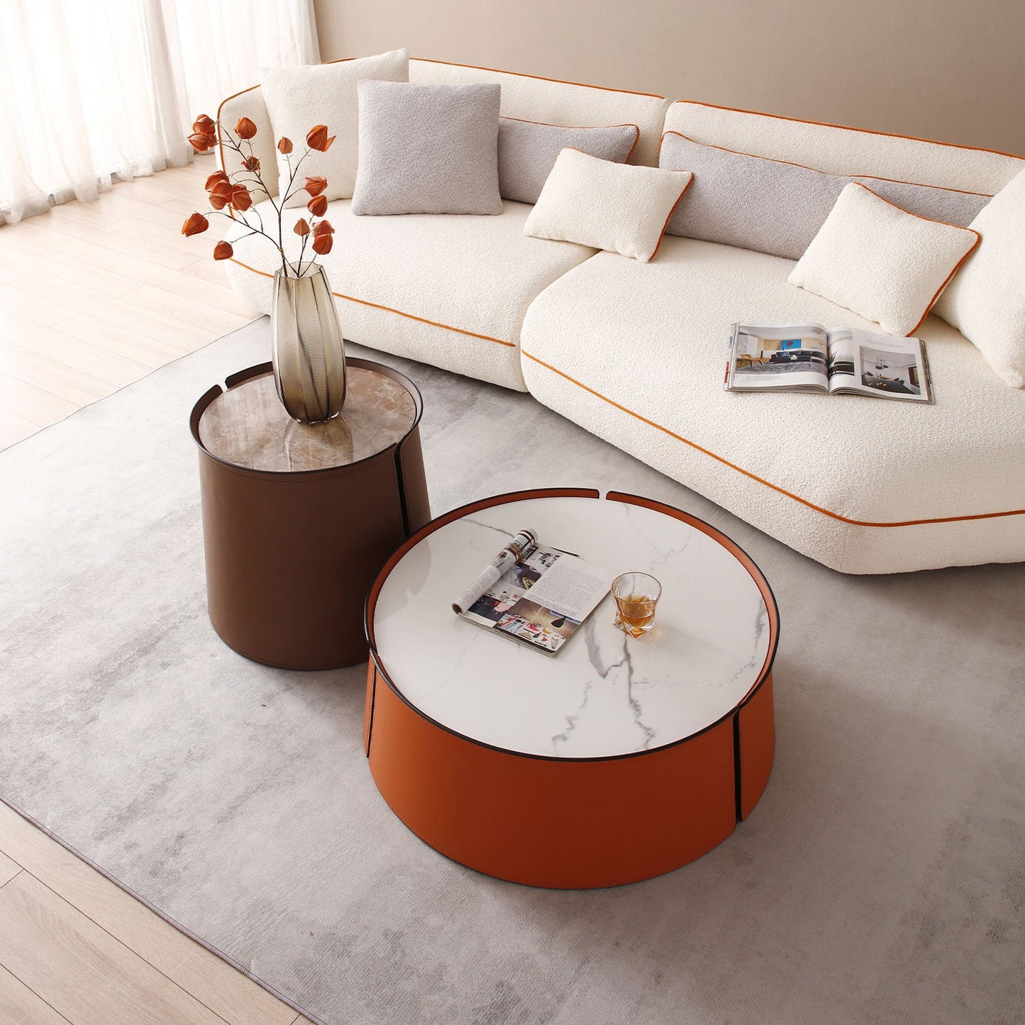 31.5" Coffee Table, Marble Top and Orange Saddle Leather Body - Loft&Timber