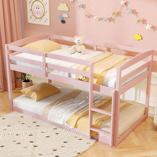 Low Bunk Bed, Solid Wood Bunk Beds Twin over Twin with Ladder, Space Saving Bunkbeds Frame W/Full Guardrails, Twin Floor Bunk Beds for Kids Boys Girls Teens, No Box Spring Needed (Pink) - Loft&Timber