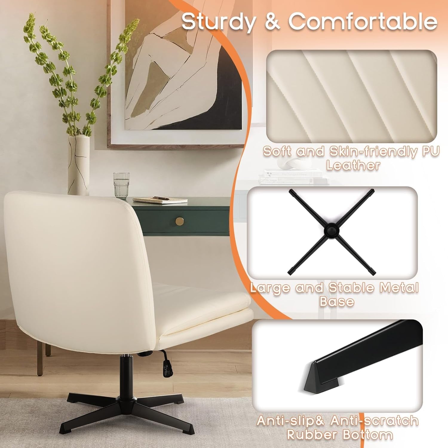 Criss Cross Legged Office Chair,Armless Office Desk Chair No Wheels,Pu Leather Modern Swivel Vanity Chair,Height Adjustable Wide Seat Mid Back Computer Task Chair for Home Office-4