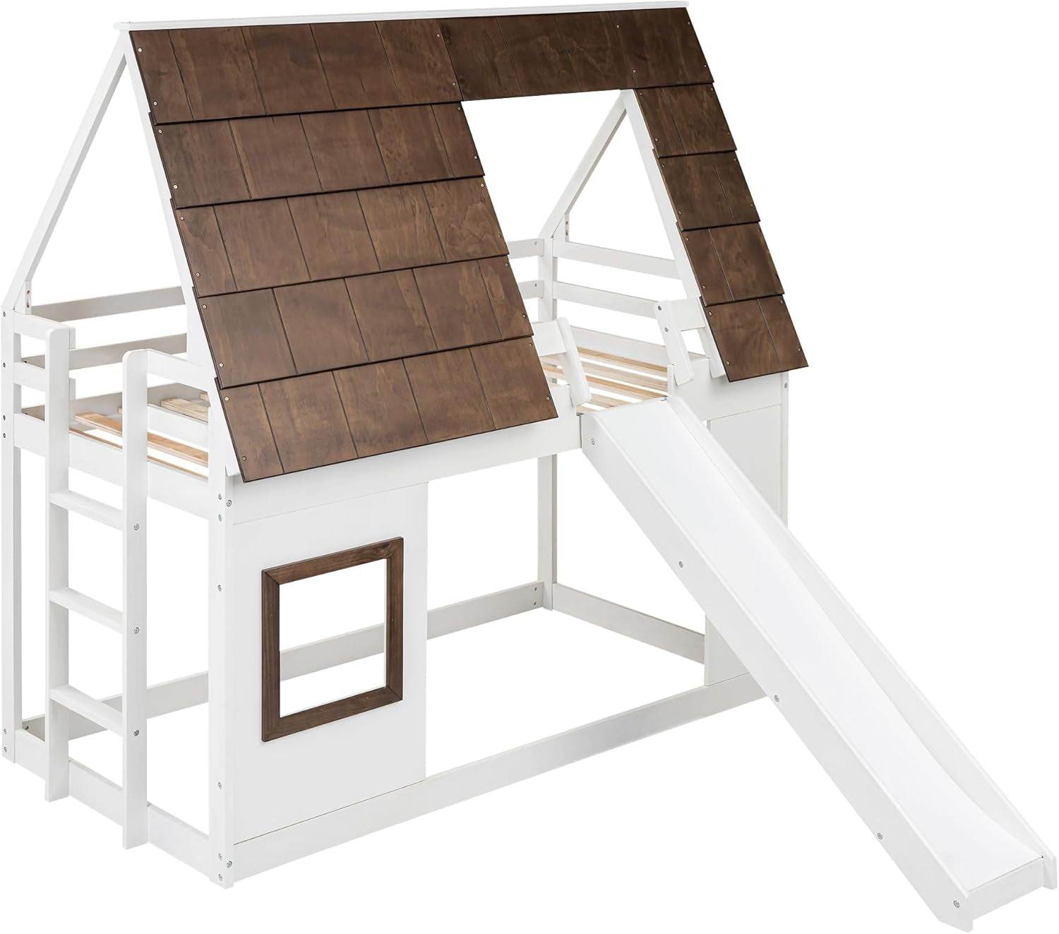 Bunk Bed Twin over Twin, Bunk Bed with Slides and Stairs, House Bunk Bed with Roof, Twin Bunk Bed for Kids, Teens, Kids Bunk Beds, White+Brown - Loft&Timber