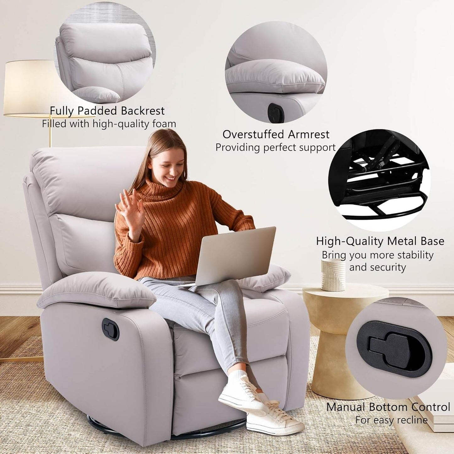 Swivel Rocker Recliner Chair for Adults, Rocking Recliner Chair, Rocker Recliners for Small Spaces, Manual Recliner Lazyboy Single Sofa for Living Room, Nursery, RV, Beige - Loft&Timber