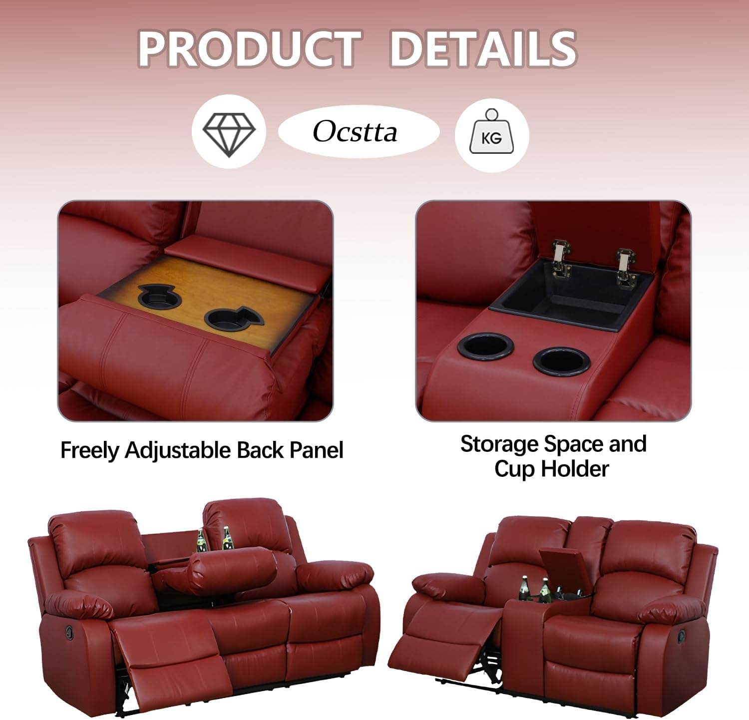 Red Manual Leather Recliner Sofa Set - Loft&Timber