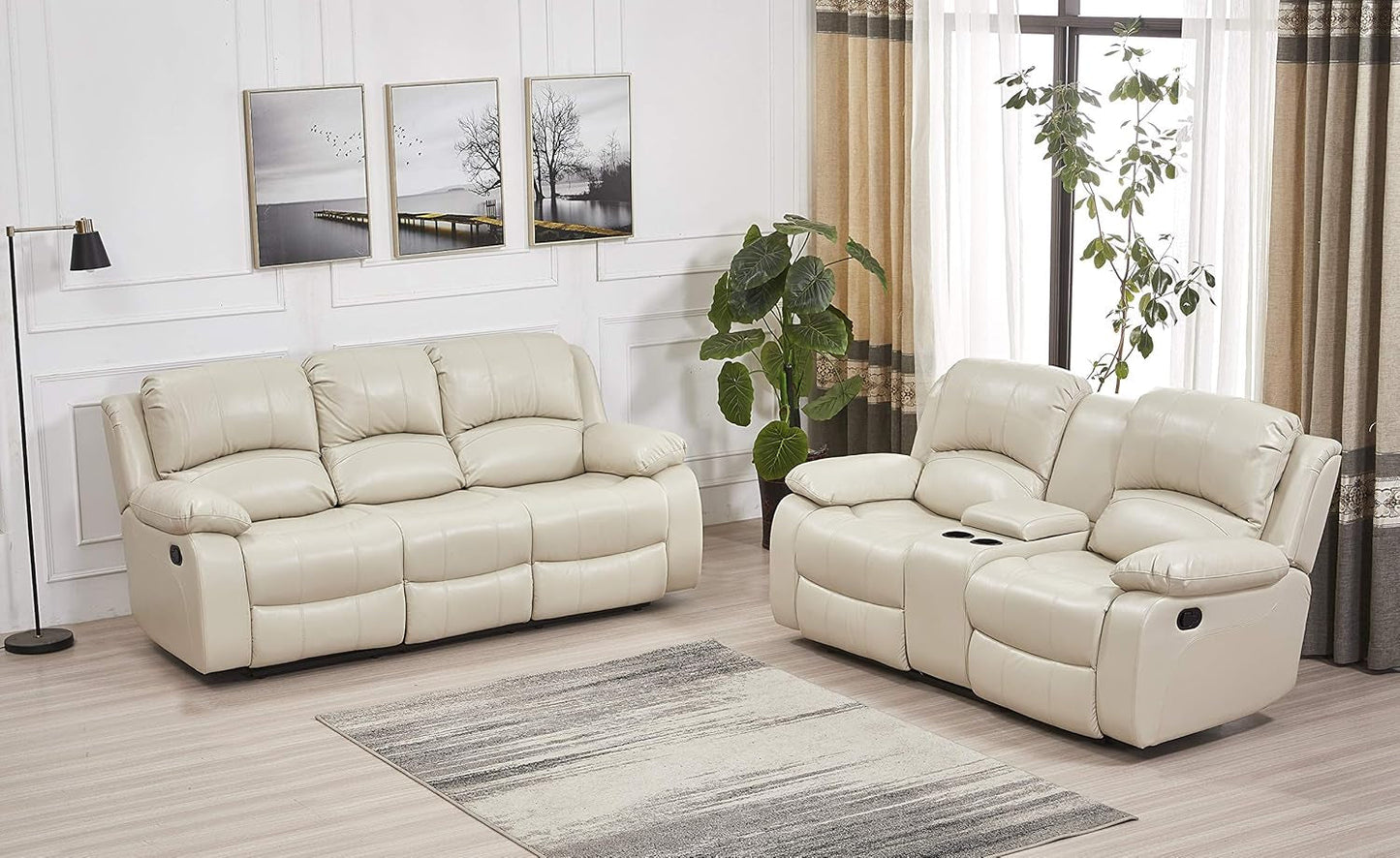 2PC Bonded Leather Recliner Set, Sofa, Loveseat, 8018, Beige-2