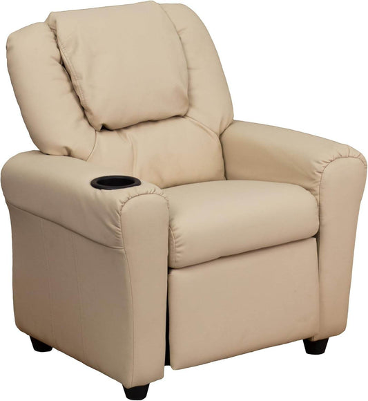 Vana Vinyl Kids Recliner with Cup Holder, Headrest, and Supports up to 90 Lbs., Beige - Loft&Timber