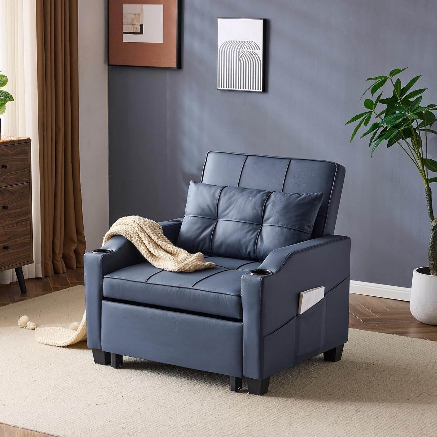 Sofa Bed Chair Recliner, 3-In-1 Convertible Sleeper Sofa Chair Bed Blue Daybed Pull Out Couch Bed with Adjustable Backrest, USB Ports, Cup Holders for Small Spaces Living Room - Loft&Timber