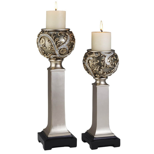 Set of Two Silver Polyresin Filigree Tabletop Pillar Candle Holders With Candle - Loft&Timber