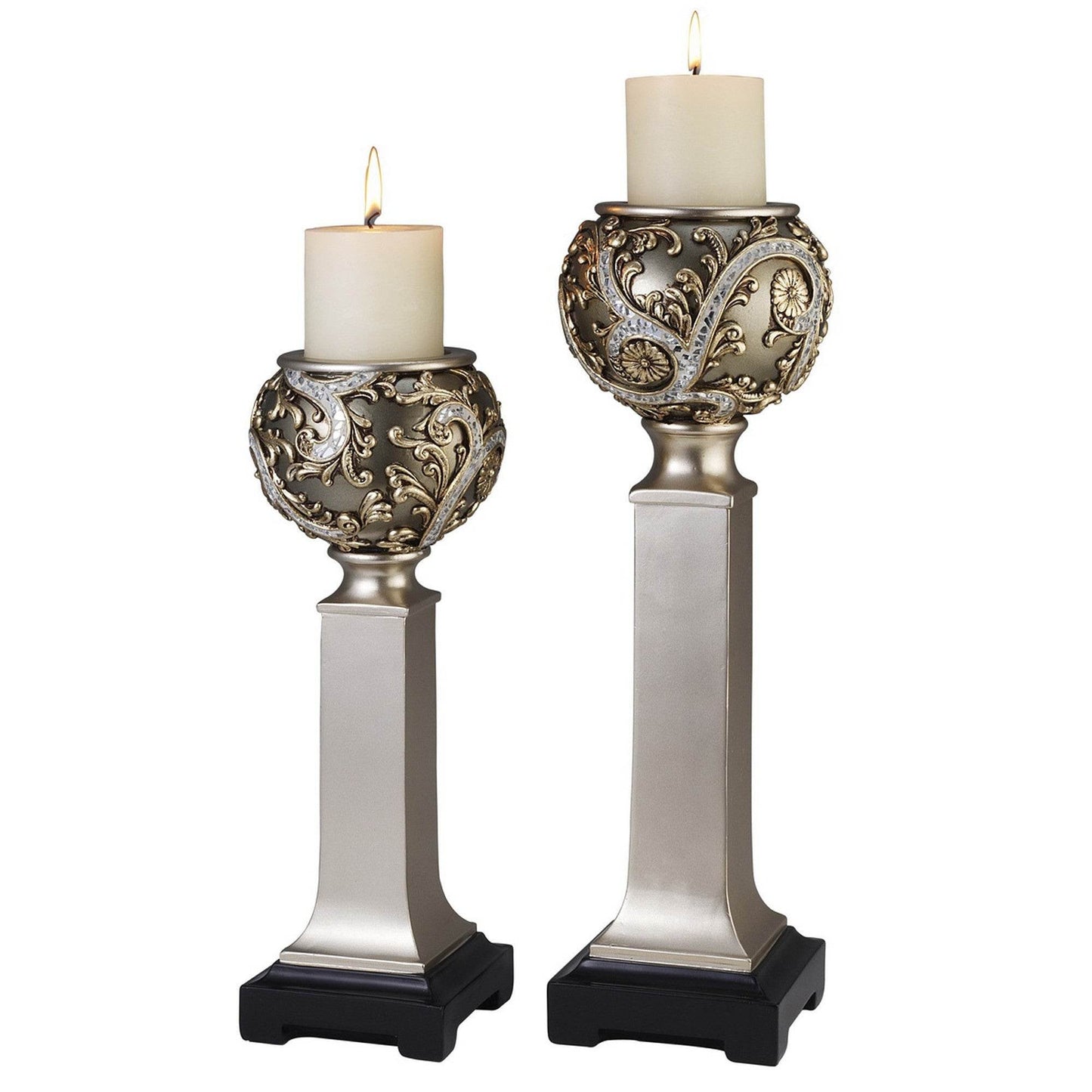 Set of Two Silver Polyresin Filigree Tabletop Pillar Candle Holders With Candle - Loft&Timber